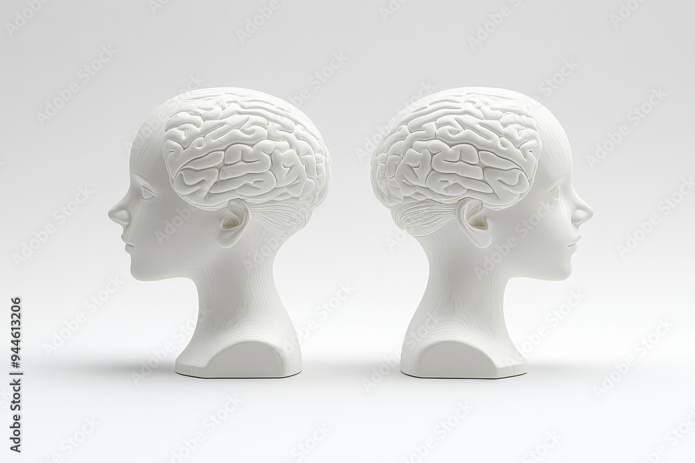 Minimalist white sculptures of two heads with puzzle piece brains symbolizing the simplicity and clarity of thought identity and understanding in human relationships Minimalist white sculptures of two heads with puzzle piece brains symbolizing the simplicity and clarity of thought identity and understanding in human relationships