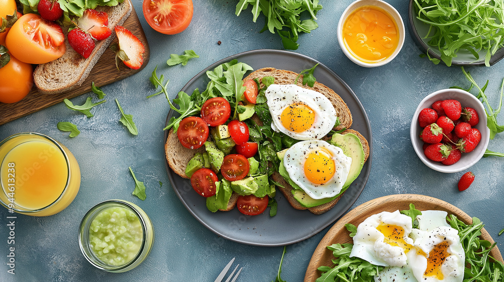 Healthy breakfast table setting with whole wheat toasts, eggs, avocado and fruits Healthy breakfast table setting with whole wheat toasts, eggs, avocado and fruits