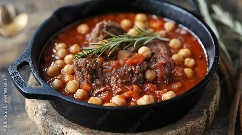 Spicy beef and chickpea stew simmering in cast iron pot Spicy beef and chickpea stew simmering in cast iron pot