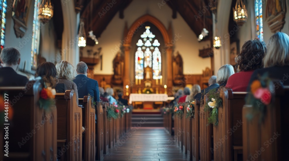 Fototapeta premium Beautifully Decorated Church Interior with Congregation Attending Easter Sunday Service