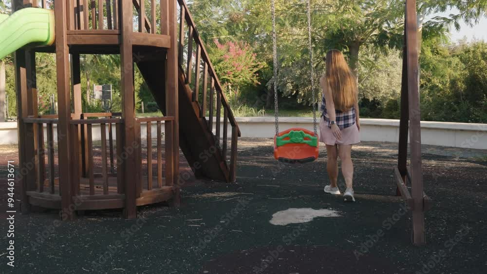 Woman Approaches a Swing Set in a Playground, Gently Holding the Swing, Surrounded by Wooden Play Structures.