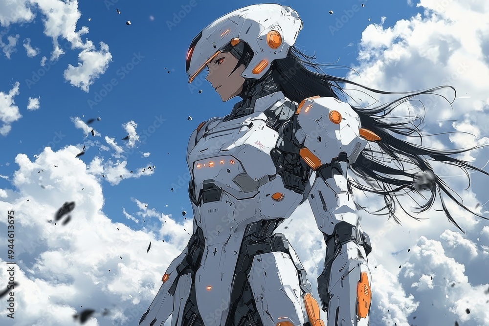 Anime-style mecha pilot, futuristic battleground, giant robots ...