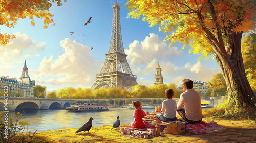 Canvas Print Family having picnic in paris with eiffel tower in background