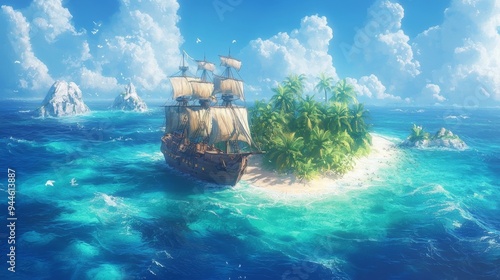 Anime-style pirate, tropical island, buried treasure, swashbuckling adventures, pirate ship