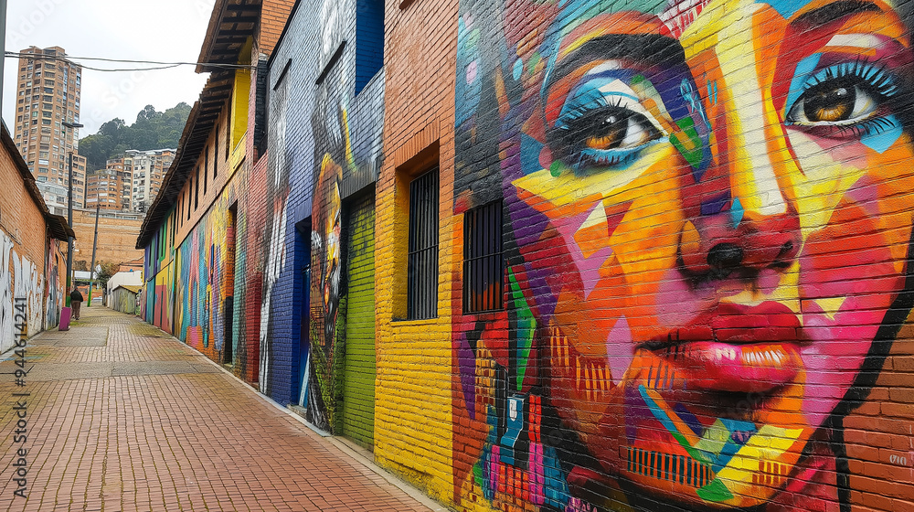 Naklejka premium Colorful street art displaying woman portrait in comuna 13 medellin colombia