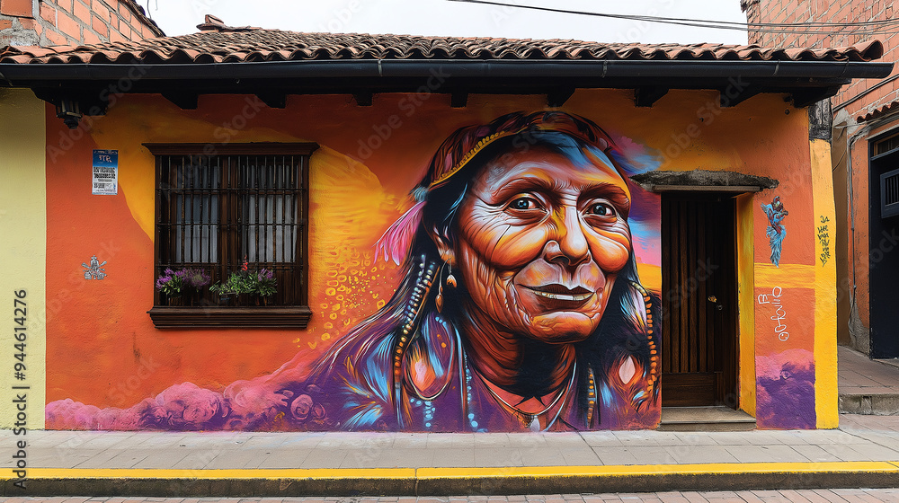 Obraz premium Colorful graffiti mural of smiling indigenous woman on a building in bogota colombia