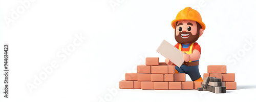 A cheerful construction worker joyfully constructing a wall with bricks. Perfect for construction, building, and teamwork themes. photo