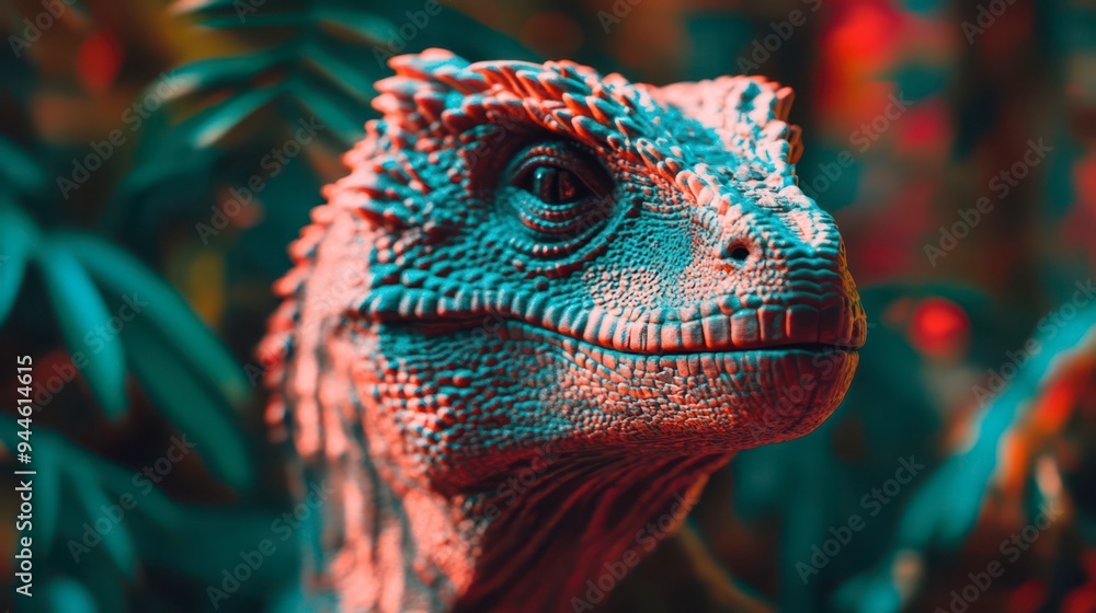 Fototapeta premium Realistic dinosaur in a vibrant jungle setting with lush vegetation