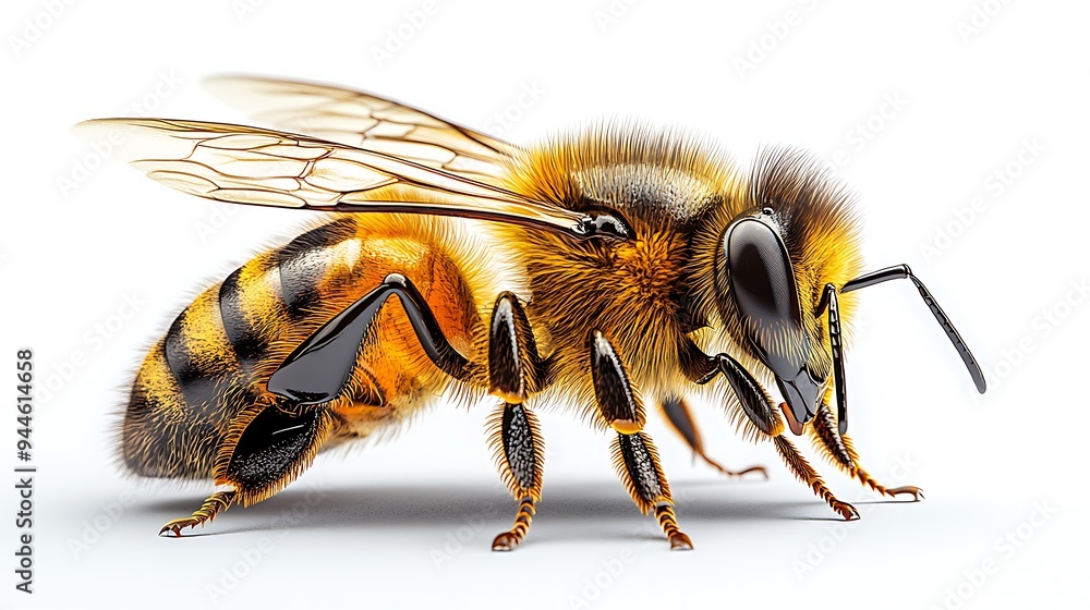 A close-up of a honey bee with its wings spread, isolated on a white background. A close-up of a honey bee with its wings spread, isolated on a white background.