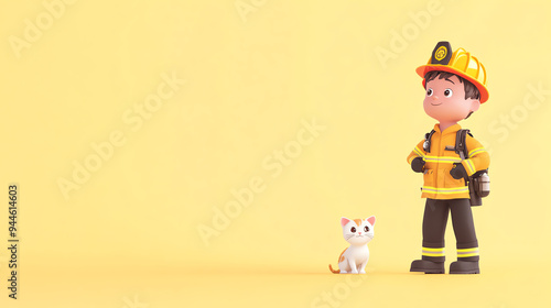 A cheerful firefighter with a friendly cat, set against a bright yellow background, symbolizing bravery and companionship.