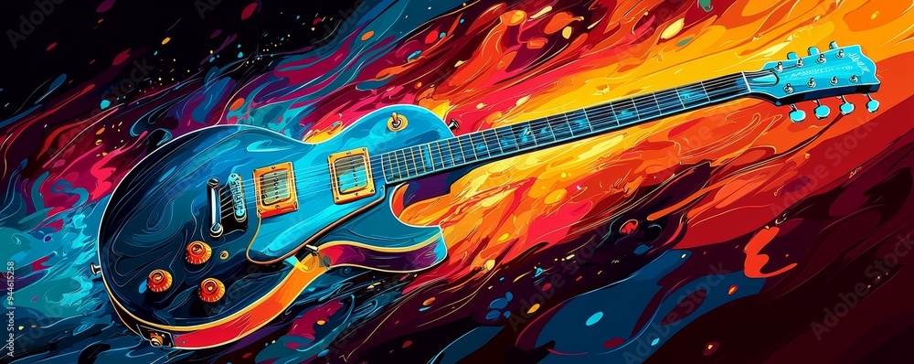 Bold and vibrant pop art guitar, graphic design, colorful patterns, dynamic composition::1.4 electric guitar, soundwaves, rock and roll, stage lights, rockstar silhouette Bold and vibrant pop art guitar, graphic design, colorful patterns, dynamic composition::1.4 electric guitar, soundwaves, rock and roll, stage lights, rockstar silhouette