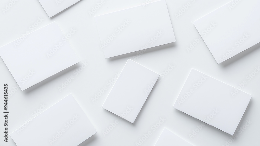 Top down view of several blank business cards laying on a white surface Top down view of several blank business cards laying on a white surface