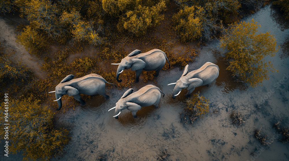 Elephants from Above in a Front View at Midday, Capturing Detailed Features and Natural Setting Elephants from Above in a Front View at Midday, Capturing Detailed Features and Natural Setting