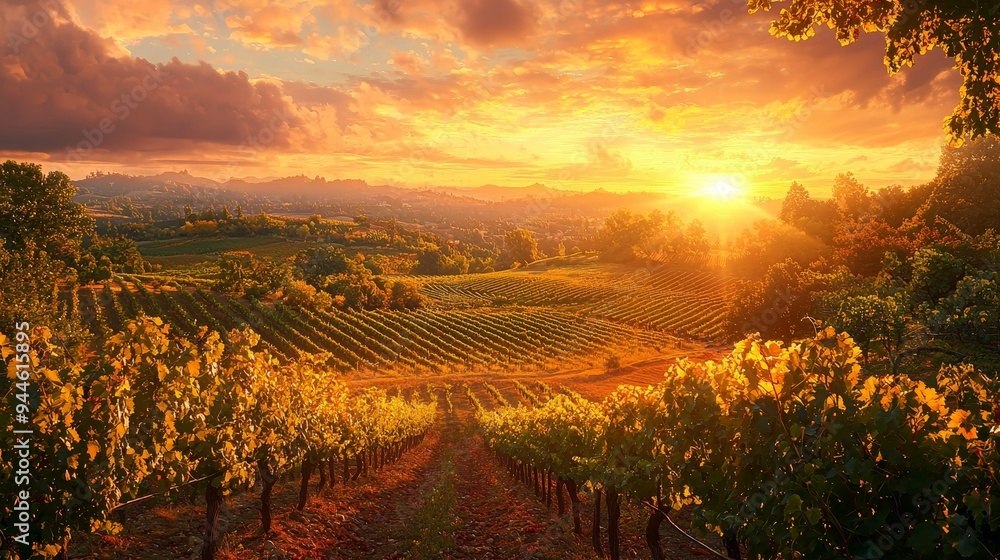 Fototapeta premium Breathtaking, sun-drenched vineyard, rolling hills, grapevines, high quality, photorealistic, winemaking, scenic, idyllic, panoramic, breathtaking::1.2 wine barrels, wine tasting, rustic farmhouse,