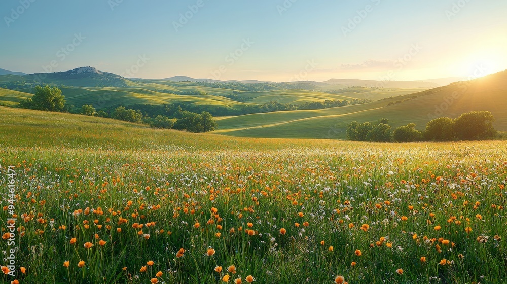 Captivating, sunlit meadow with wild horses, high quality, photorealistic, serene, idyllic, scenic, panoramic, breathtaking::0.8 rolling hills, colorful flowers, clear blue sky, peacefulness, Captivating, sunlit meadow with wild horses, high quality, photorealistic, serene, idyllic, scenic, panoramic, breathtaking::0.8 rolling hills, colorful flowers, clear blue sky, peacefulness,