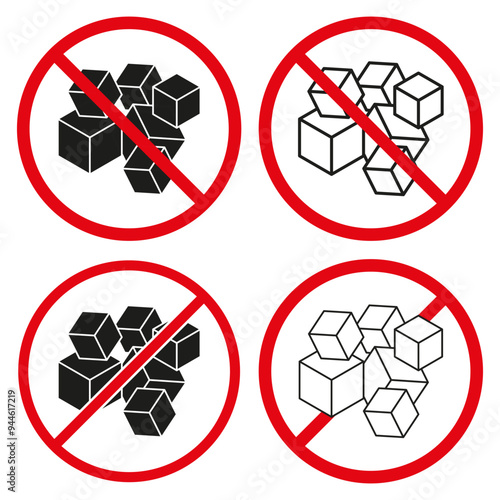 No sugar cube icons. Red prohibition signs. Sugar free symbol. Vector illustration.