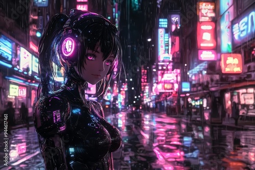 Detailed anime character, futuristic cityscape, holographic displays, cybernetic enhancements, sleek outfit, urban espionage, neon-lit streets, high-tech gadgets