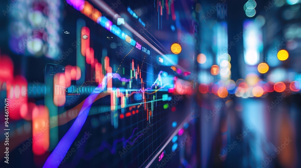 Fototapeta premium Financial Data Displayed on a Screen with Night City Lights in the Background