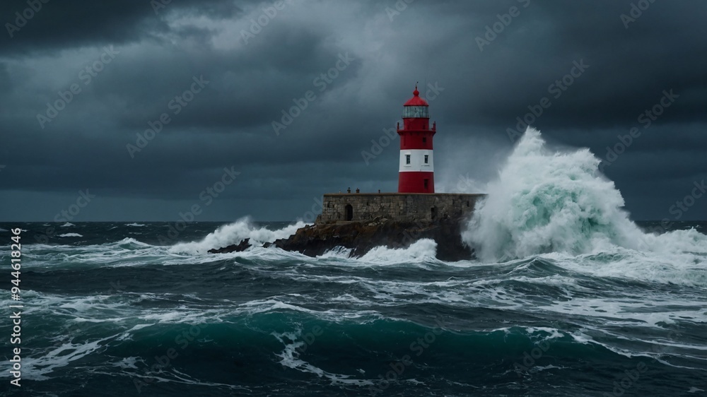 a red and white lighthouse is on a stone pier with waves crashing over it. a red and white lighthouse is on a stone pier with waves crashing over it.