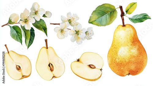 Artistic watercolor drawing painting of pear fruit and cut