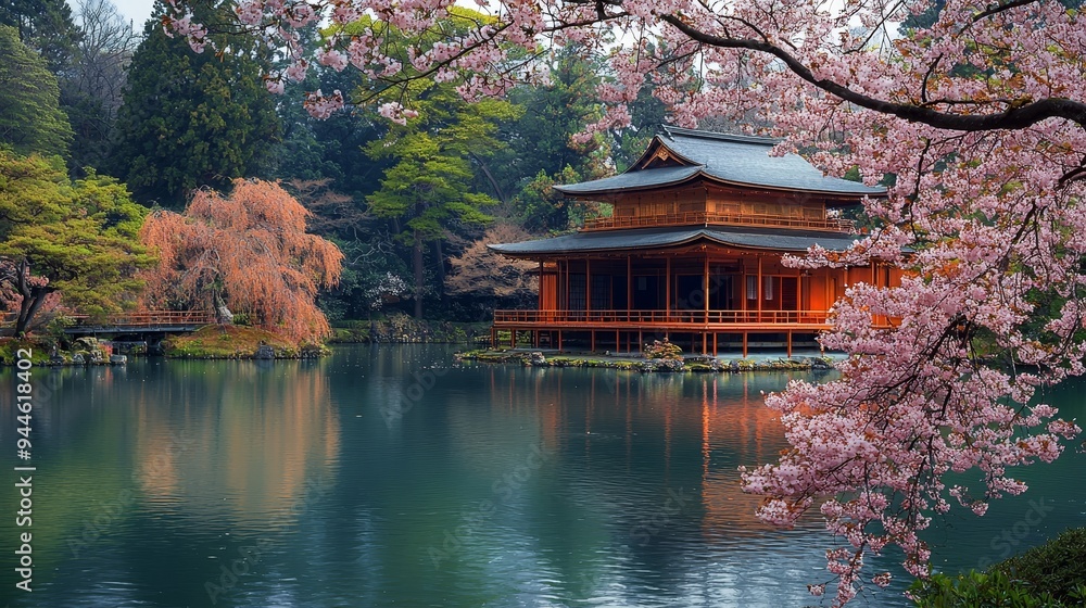 Fototapeta premium Exquisite, Japanese cherry blossom garden, blooming trees, serene, high quality, photorealistic, tranquil, Zen, springtime, idyllic, panoramic, breathtaking::1.2 wooden bridges, pagodas, koi