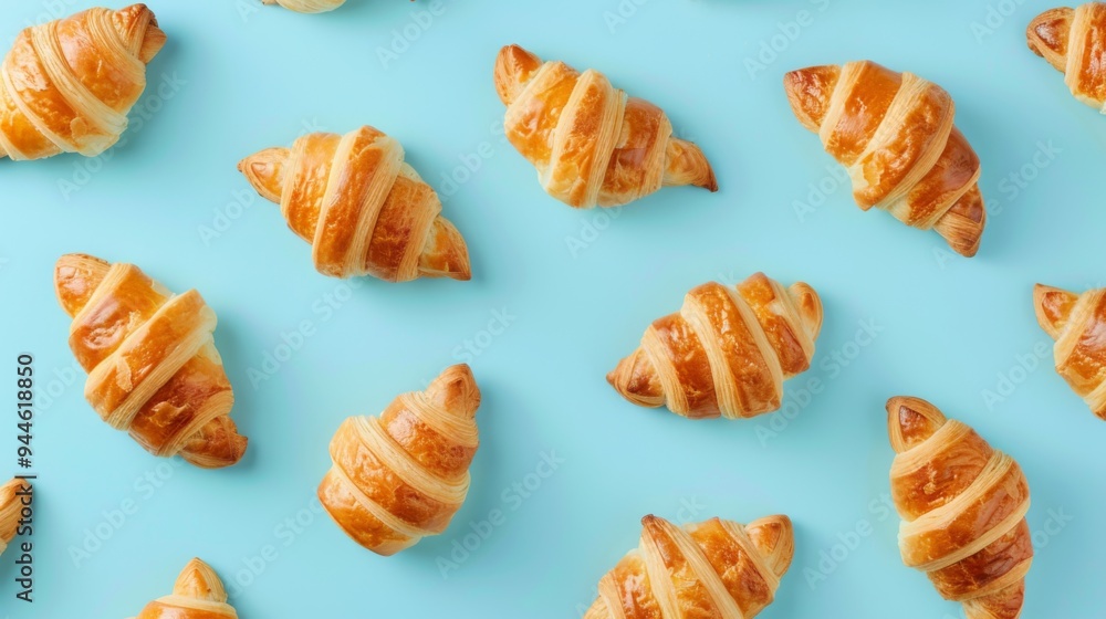 An arrangement of freshly baked croissants, aligned in neat rows on a bright blue surface, creating a visually pleasing contrast and inviting feel, perfect for breakfast lovers. An arrangement of freshly baked croissants, aligned in neat rows on a bright blue surface, creating a visually pleasing contrast and inviting feel, perfect for breakfast lovers.