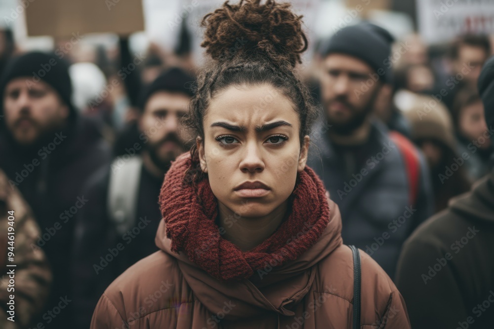 Brave woman standing her ground during a heated argument with a group of men in an urban setting under diffused afternoon light. Brave woman standing her ground during a heated argument with a group of men in an urban setting under diffused afternoon light.
