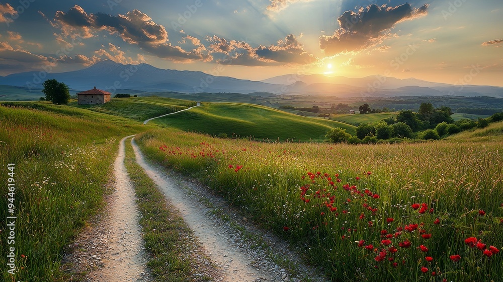 Obraz premium Majestic, rolling countryside hills, vibrant green fields, high quality, photorealistic, rural, idyllic, scenic, panoramic, breathtaking::0.9 charming farmhouses, grazing animals, winding roads,