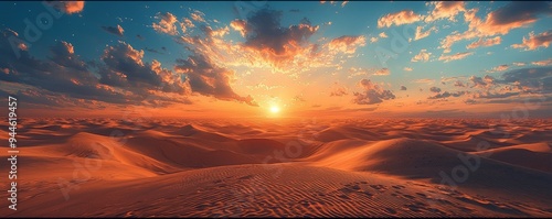 Majestic, desert dunes, golden sand, remote, high quality, photorealistic, arid, serene, vast, panoramic, breathtaking::1.5 camel caravan, nomadic tents, starry nights, sunrise, sunset, solitude,