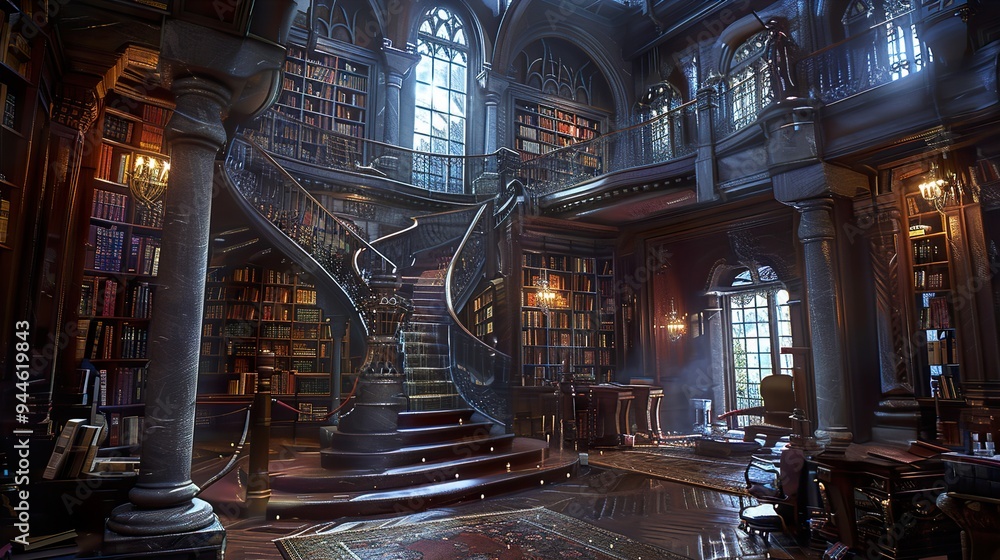 Obraz premium Grand Library Interior with Spiral Staircase and Ornate Details