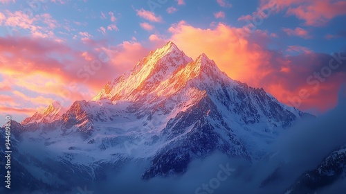 Majestic, snow-covered mountain range at sunset, alpine beauty, high quality, photorealistic, dramatic, scenic, panoramic, breathtaking::0.9 mountaineering, hiking trail, fresh mountain air,