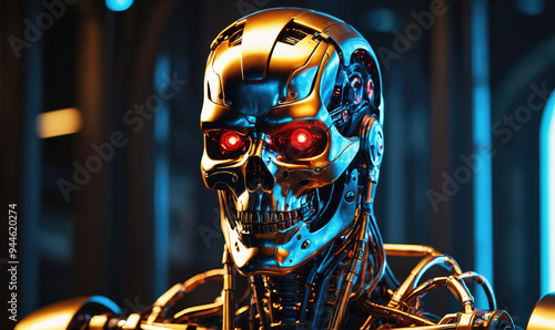 A close-up of a robotic skull with red eyes, set against a blue and black background