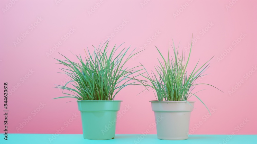 Featuring two green grass plants in simple pots set against a pastel backdrop, this image is ideal for conveying themes of simplicity, nature, and indoor gardening aesthetics. Featuring two green grass plants in simple pots set against a pastel backdrop, this image is ideal for conveying themes of simplicity, nature, and indoor gardening aesthetics.
