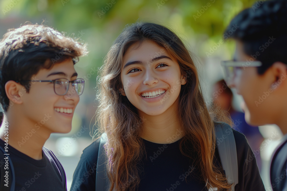 group of hispanic teenagers talking smiling happy friends girls boys in a park sunlight outdoors bright complicity bond friendship enjoying cheerful upbeat youth joy joyful students friendship