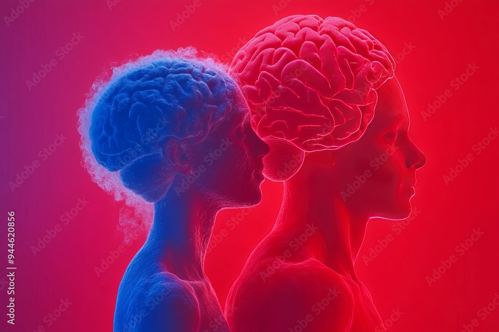 Neon digital art of two human profiles with glowing brains in red and blue symbolizing the contrast and balance of thoughts emotions and identities in human relationships Neon digital art of two human profiles with glowing brains in red and blue symbolizing the contrast and balance of thoughts emotions and identities in human relationships