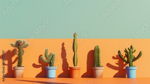 A line of five unique cacti in colorful pots, set against a split-tone backdrop of orange and green, showcasing different cactus types in a playful arrangement. photo