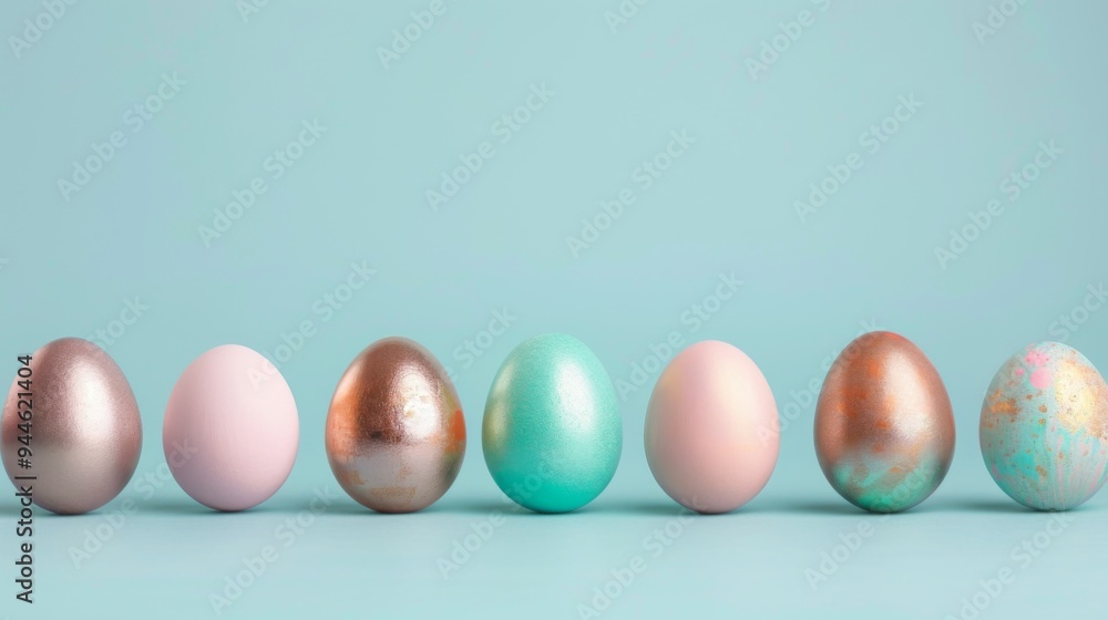 A set of six pastel-colored Easter eggs arranged in a perfectly straight line against a blue backdrop. Each egg features a unique color and smooth, metallic or matte texture. A set of six pastel-colored Easter eggs arranged in a perfectly straight line against a blue backdrop. Each egg features a unique color and smooth, metallic or matte texture.