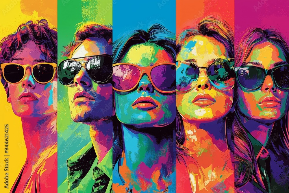 Obraz premium Pop culture icons in vibrant colors, stylized portraits, graphic patterns, cultural references, contemporary reinterpretations, visual impact::1.3 music legends, film stars, sports icons, political