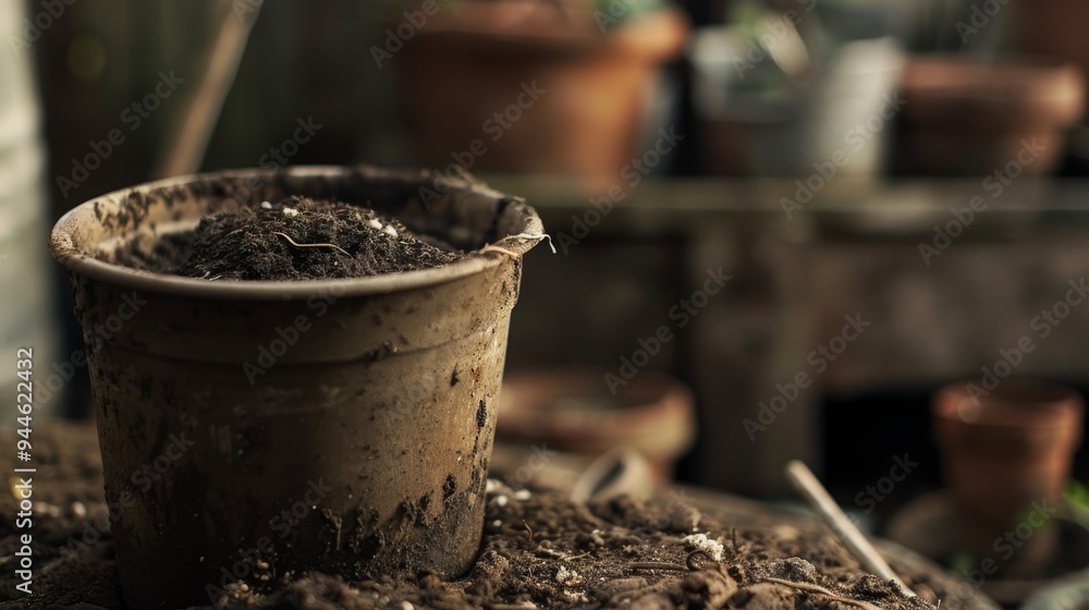 A close-up shot of an old, weathered flower pot filled with rich, dark soil, emphasizing the raw beauty of gardening and the cycle of life through a simple yet evocative image. A close-up shot of an old, weathered flower pot filled with rich, dark soil, emphasizing the raw beauty of gardening and the cycle of life through a simple yet evocative image.