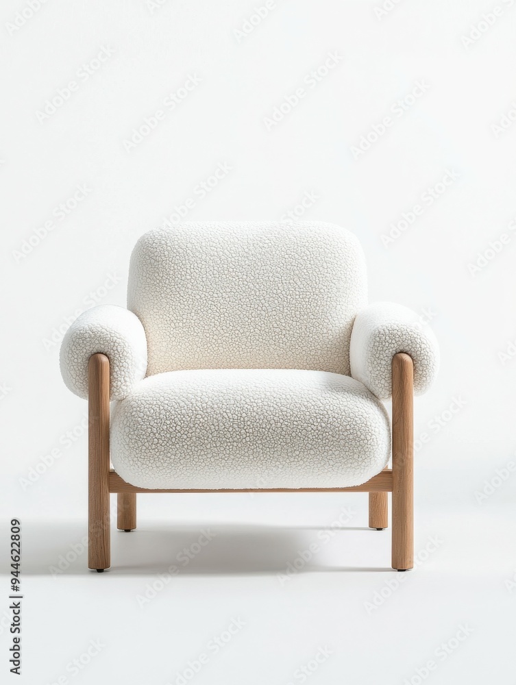 Modern Scandinavian style armchair with wooden handles and fluffy upholstery against a bright white background. Modern Scandinavian style armchair with wooden handles and fluffy upholstery against a bright white background.