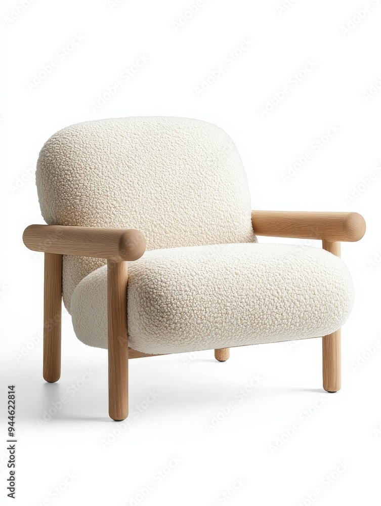 Fototapeta premium Modern Scandinavian style armchair with wooden handles and fluffy upholstery against a bright white background.