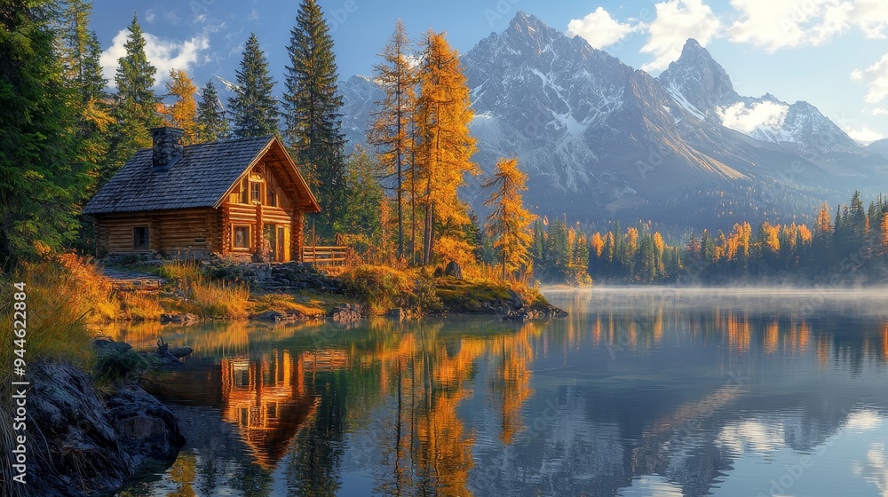 Fototapeta premium Serene, pristine mountain lake, mirrored reflection, high quality, photorealistic, tranquil, idyllic, scenic, panoramic, breathtaking::0.9 wooden cabin, hiking trail, canoeing, fishing, snow-capped