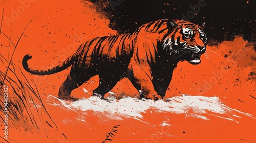 Striking orange tiger illustration against a bold black background.