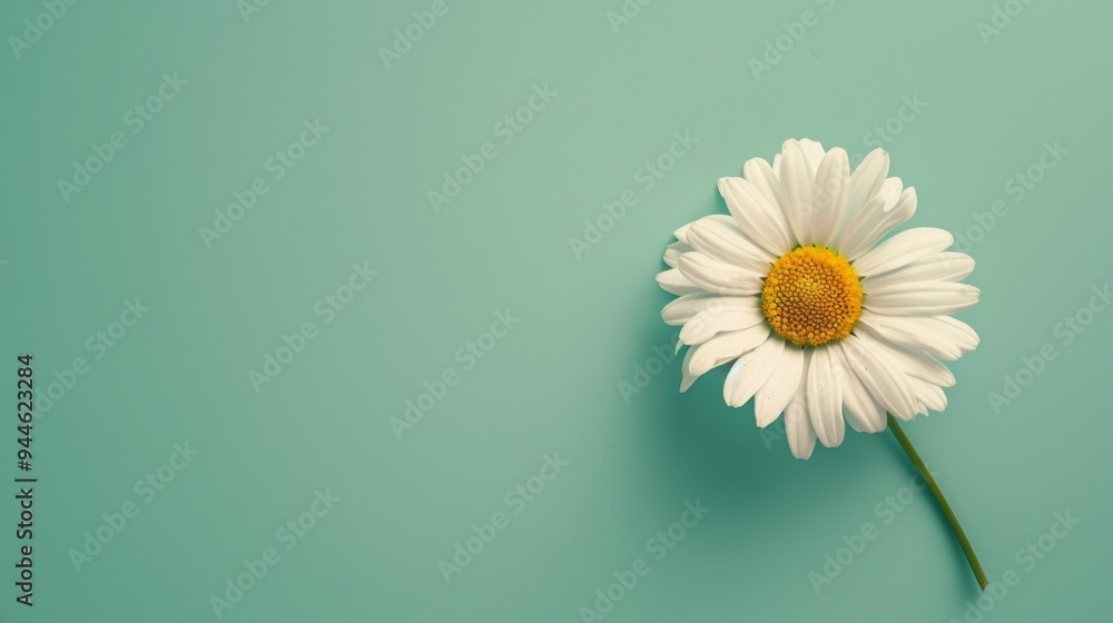 A simple yet elegant image of a single white daisy with a yellow center placed against a plain light green background, perfect for minimalistic and natural designs. A simple yet elegant image of a single white daisy with a yellow center placed against a plain light green background, perfect for minimalistic and natural designs.