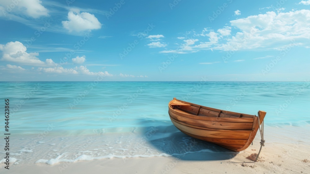 A rustic wooden boat is gently placed at the edge of a tranquil sea under a brilliant blue sky, symbolizing serenity, peace, and the beauty of simple, rustic life. A rustic wooden boat is gently placed at the edge of a tranquil sea under a brilliant blue sky, symbolizing serenity, peace, and the beauty of simple, rustic life.