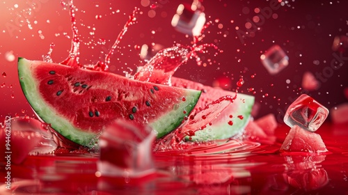 Vibrant image showcasing juicy watermelon slices being splashed with water and ice, capturing a refreshing and exhilarating essence, set against a red background.