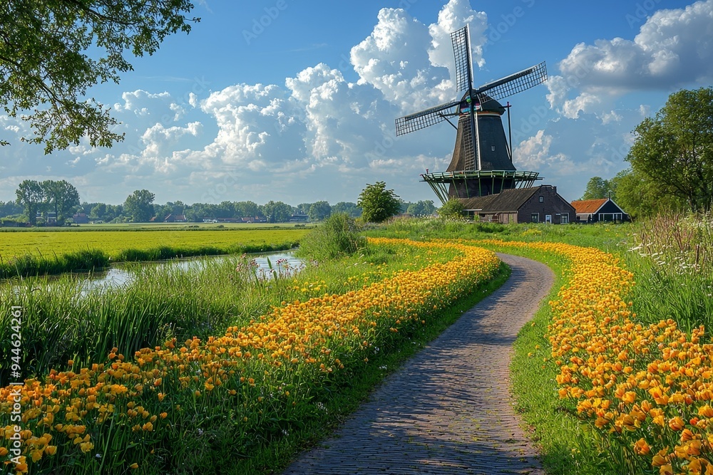 Sprawling, colorful tulip fields, blooming flowers, vibrant, cheerful, high quality, photorealistic, idyllic, springtime, windmills, rural, Dutch countryside, picturesque, breathtaking::0.9 Sprawling, colorful tulip fields, blooming flowers, vibrant, cheerful, high quality, photorealistic, idyllic, springtime, windmills, rural, Dutch countryside, picturesque, breathtaking::0.9