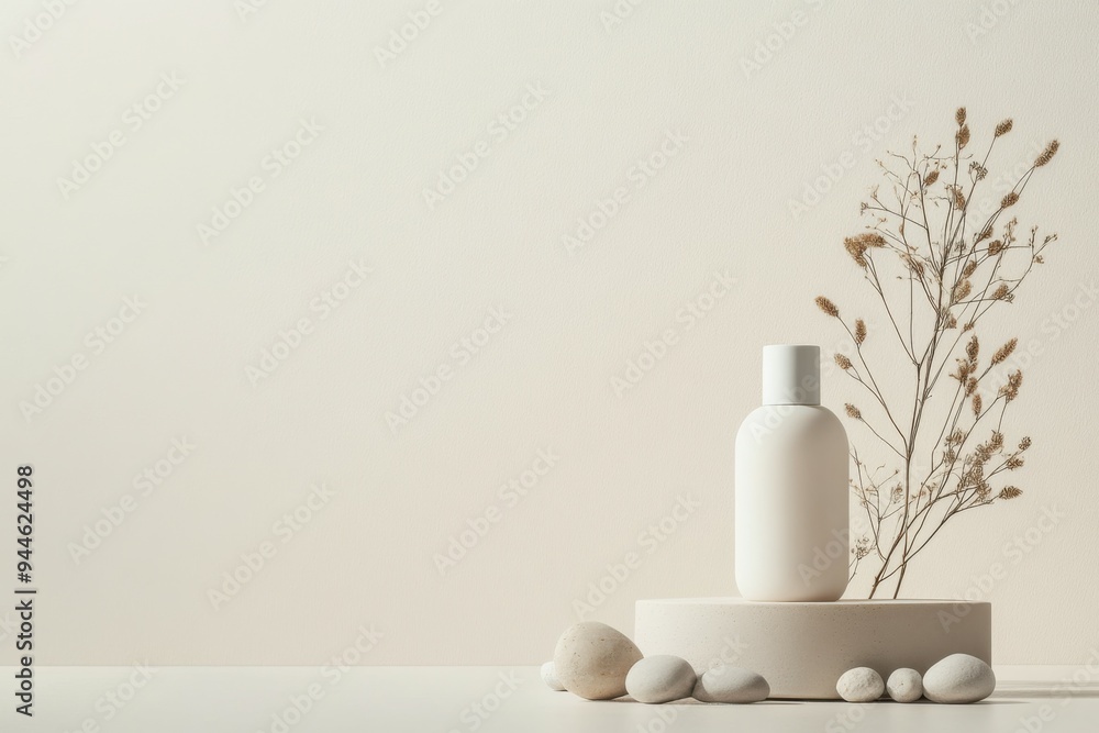 Skincare mockup product displayed with stones and dry flowers on a minimal light beige background in soft lighting. Skincare mockup product displayed with stones and dry flowers on a minimal light beige background in soft lighting.