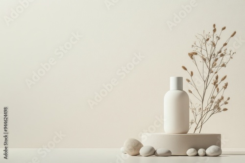 Skincare mockup product displayed with stones and dry flowers on a minimal light beige background in soft lighting.