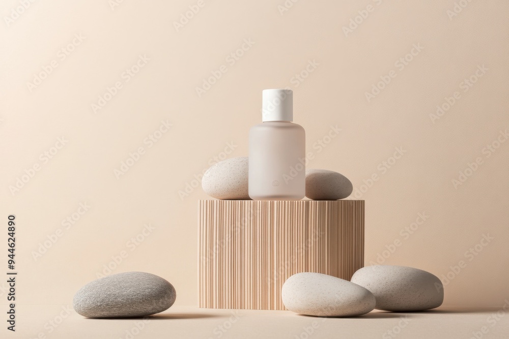 Skincare mockup product displayed with stones and dry flowers on a minimal light beige background in soft lighting. Skincare mockup product displayed with stones and dry flowers on a minimal light beige background in soft lighting.